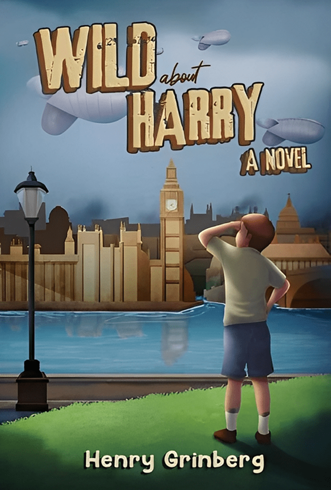 Boy looking at Big Ben, airships overhead.