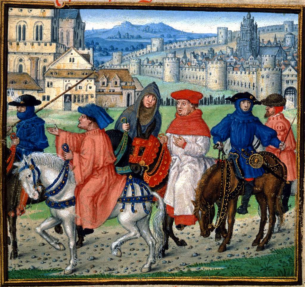 Medieval people riding horses near a castle.
